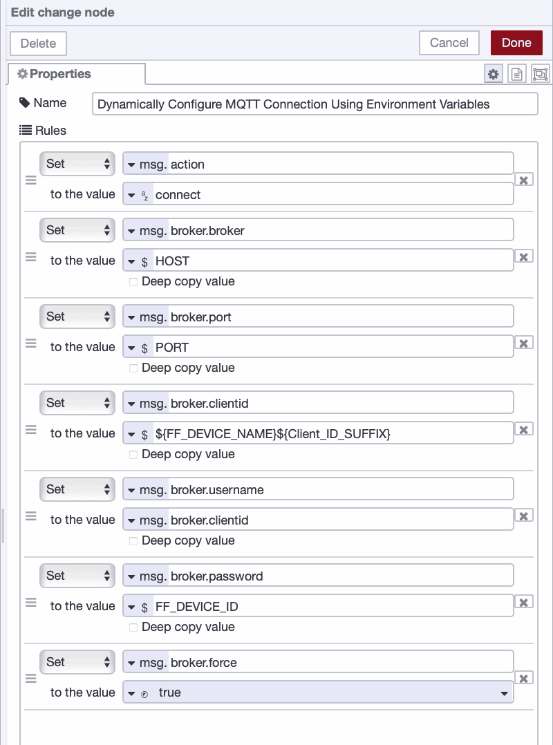 Using a Change node to dynamically set MQTT broker connection properties.