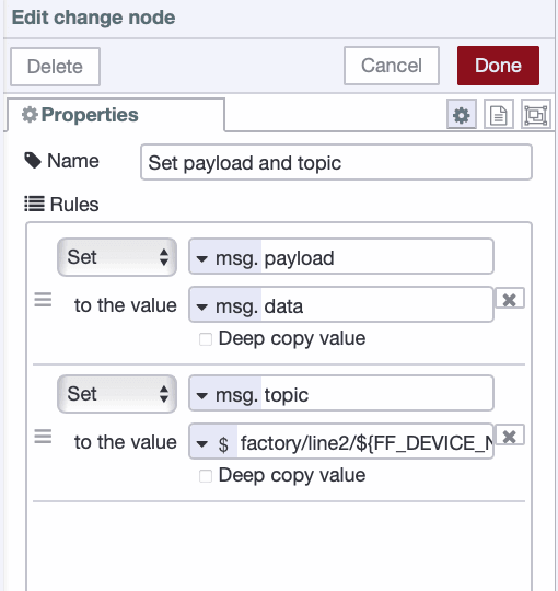 Configuring MQTT topics dynamically using a Change node in Node-RED.