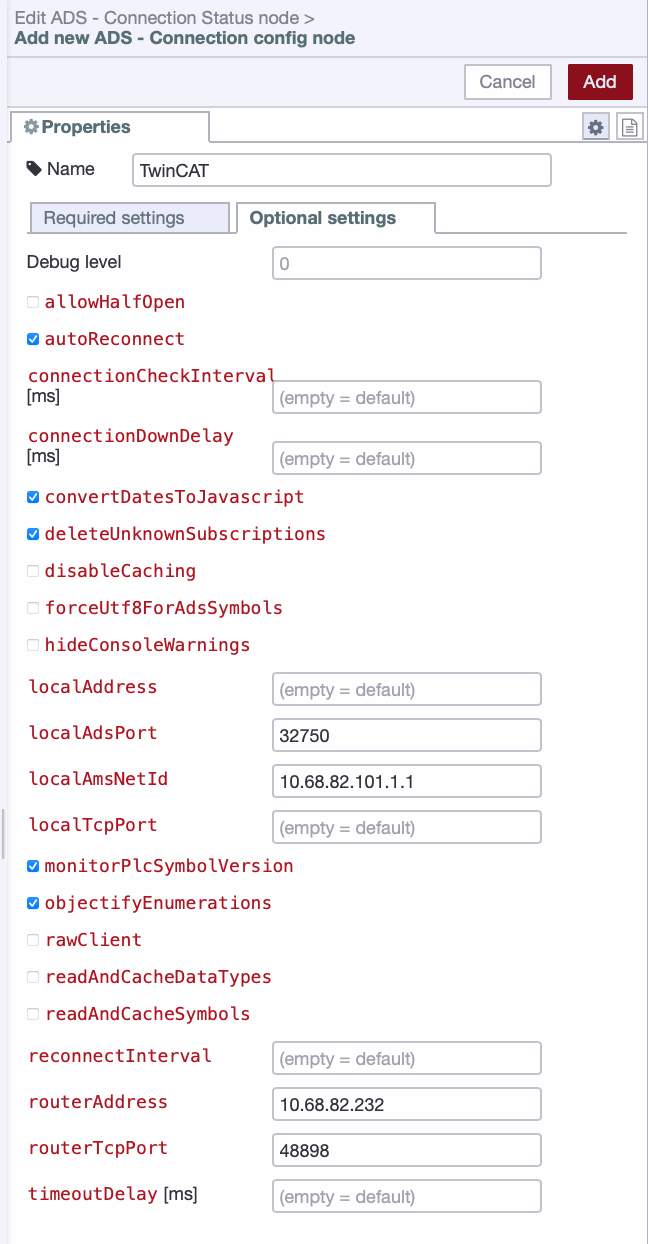 Optional settings tab showing Router Address, Router TCP Port, Local AMS Net ID and Local ADS Port fields
